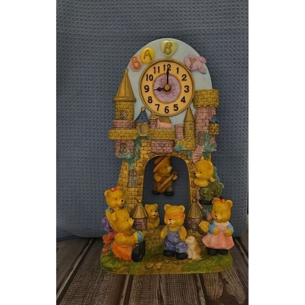 Vintage Nursery Wall Or Shelf Teddy Bear Castle Pendulum Clock
